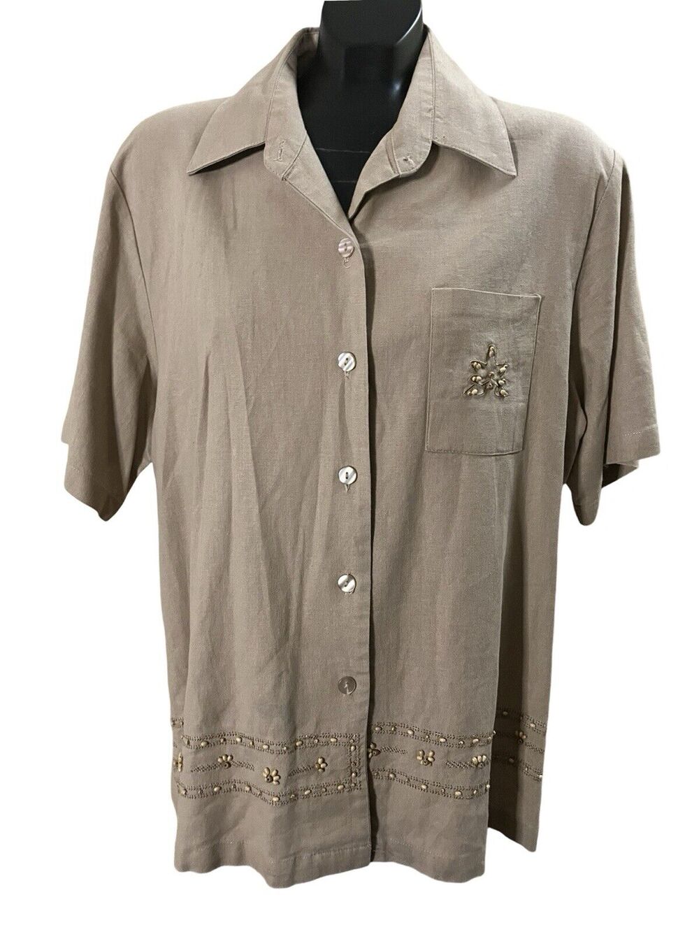 A.K.C. Vintage 1990s Embellished Linen Blend Button-Up Shirt – Beaded